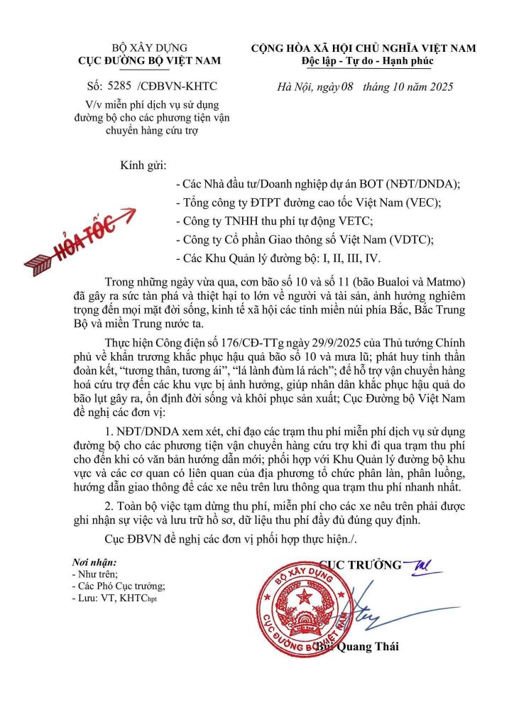 Công văn miễn phí đường bộ cho phương tiện cứu trợ bảo lũ